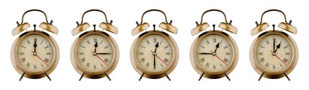 Alarm clock set, vintage clock with time period 00:00, 00:15, 00:30, 00:45, 01:00 am, pm isolated on...