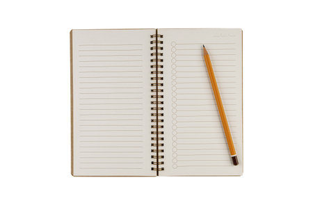 A lined notebook with a pencil and spiral binding on an isolated white background, perfect for notes and daily planning. It suits education, office tasks, and creative projects with its versatile design.の写真素材