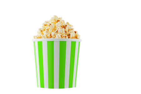 Delicious popcorn, classic box, classic paper cup with Green stripe, isolated on white background close-upの写真素材