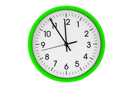 Green watch, wall clock 11 hours 45 minutes on isolated or white background close upの写真素材