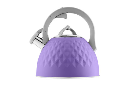 kettle with whistle, matte Purple, violet color, with rhombus texture on isolated and white background close-upの写真素材
