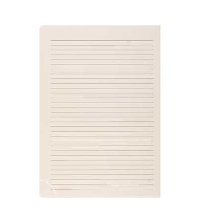 A single lined paper sheet with red margins lies on an isolated white background, ideal for writing, notes, and daily planning tasks. This versatile sheet is suitable for educational purposes, office work, and creative projects, providing a clean lined layout for organized writing or brainstorming.の写真素材
