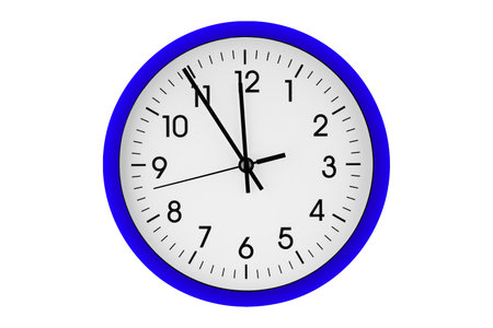 Blue watch, wall clock 11 hours 45 minutes on isolated or white background close upの写真素材