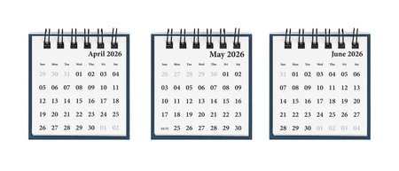 A three-month calendar set for April-June 2026 enhances efficient planning. Its clean layout helps organize daily tasks with ease.の写真素材
