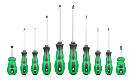 Set of Philips and flathead screwdrivers Green color on isolated white background close-upの写真素材