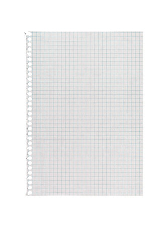 A close-up checkered paper sheet on a white background offers a canvas for creative sketches, design ideas, and artistic planning with its detailed grid.の写真素材