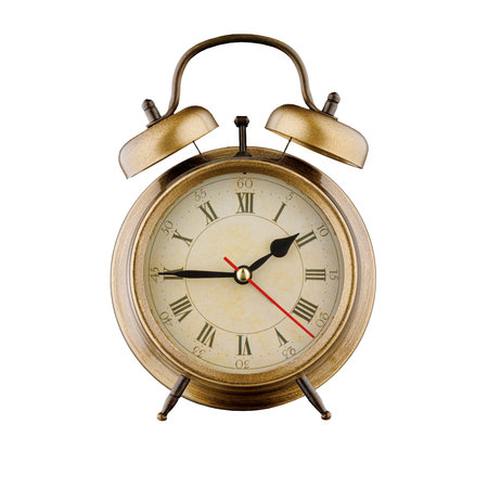 alarm clock, vintage clock with time 01 hours 45 minutes, am 01:45, pm 01:45, on isolated white background close-upの写真素材