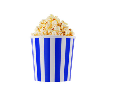 Delicious popcorn, classic box, classic paper cup with Blue stripe, isolated on white background close-upの写真素材