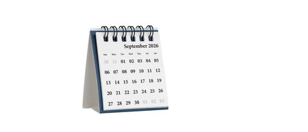 Desktop calendar for September 2026 in white color. Mini planner for business and finance, spiral view on isolated white background close up.の写真素材