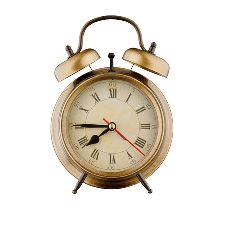 alarm clock, vintage clock with time 7 hours 45 minutes, am 7:45, pm 7:45, on isolated white background close-upの写真素材