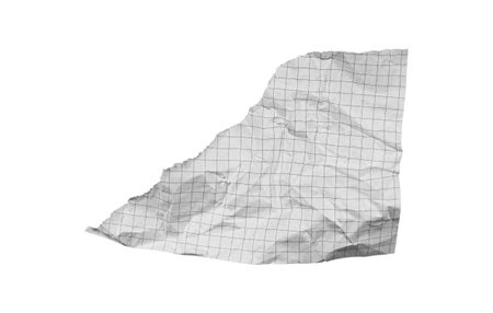 A crumpled torn checkered paper on a white background fits educational themes. Its rugged texture serves as a visual aid for recycling or math lessons.の写真素材