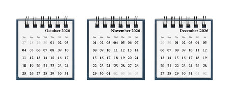 A three-month calendar set for October-December 2026 enhances efficient planning. Its clean layout helps organize daily tasks with ease.の写真素材
