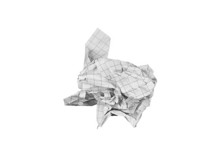 A crumpled checkered paper sheet on an isolated white background suits creative projects. Its textured surface adds a unique touch for designs or educational ideas.の写真素材