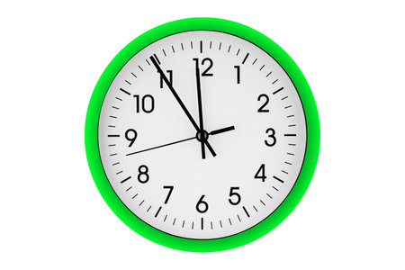 Green watch, wall clock 11 hours 45 minutes on isolated or white background close upの写真素材