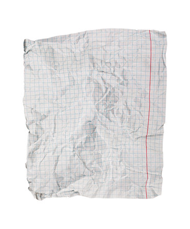 A crumpled torn checkered paper on a white background fits educational themes. Its rugged texture serves as a visual aid for recycling or math lessons.の写真素材