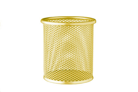 metallic Glass of yellow color for stationery, pencils, pens, scissors, ruler, on an isolated white background close upの写真素材