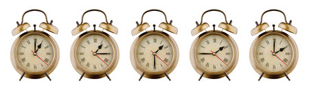Alarm clock set, vintage clock with time period 01:00, 01:15, 01:30, 01:45, 02:00 am, pm isolated on white background close-upの写真素材