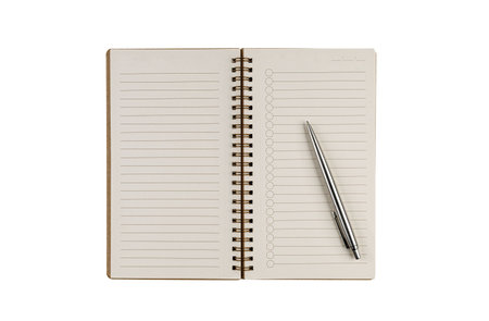 A lined notebook with a pen and spiral binding on an isolated white background, perfect for notes and planning. It suits education, office work, and creative projects with its practical design.の写真素材