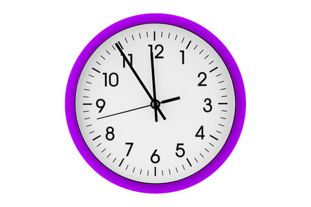 Purple, violet watch, wall clock 11 hours 45 minutes on isolated or white background close upの写真素材
