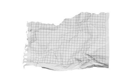 A crumpled torn checkered paper on a white background suits creative and recycling projects. Its textured, rugged look adds a unique appeal for artistic designs.の写真素材
