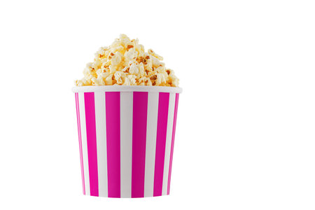 Delicious popcorn, classic box, classic paper cup with Pink stripe, isolated on white background close-upの写真素材