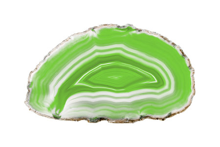 A painted Green agate slice with white veins on a white background is perfect for jewelry. Its natural layers enhance the beauty of handmade accessories.の写真素材