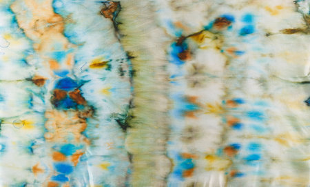 abstract pattern on silk fabric texture in blue, yellow, green colors close upの写真素材