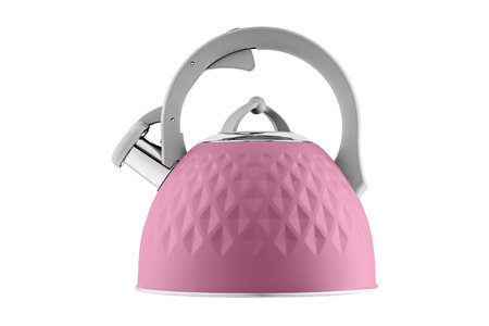 kettle with whistle, matte Red color, with rhombus texture on isolated and white background close-upの写真素材