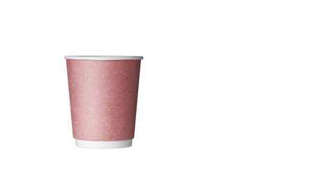 cardboard glass of red color, for coffee or tea on an isolated white background close upの写真素材
