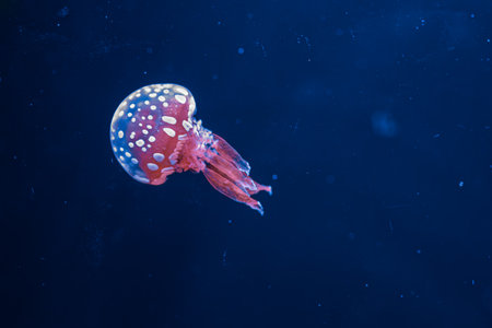 underwater photography jellyfish mastigias papua, spotted jelly, lagoon jelly, golden medusa close-upの写真素材