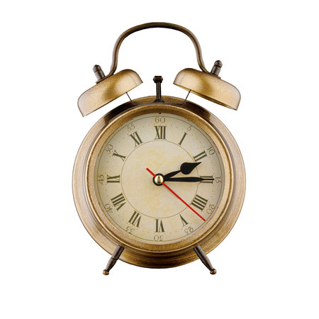 alarm clock, vintage clock with time 02 hours 15 minutes, am 02:15, pm 02:15, on isolated white...