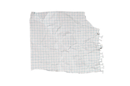 A crumpled torn checkered paper on a white background enhances art projects. Its textured surface inspires unique sketches and creative designs.の写真素材