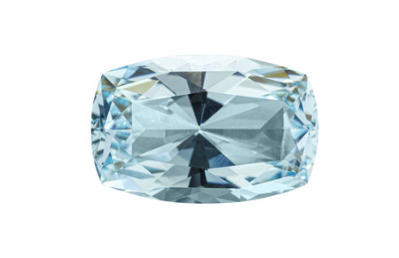 A stunning aquamarine gemstone with a cushion cut, showcasing a light blue hue and brilliant facets. Perfect for jewelry, it radiates elegance and clarity.の写真素材