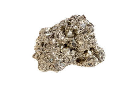 A glistening pyrite gemstone with a cubic shape, showing a metallic golden hue and sharp edges....