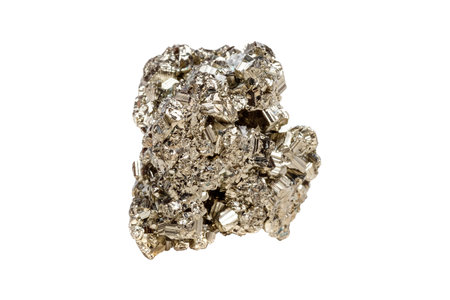 A glistening pyrite gemstone with a cubic shape, showing a metallic golden hue and sharp edges....