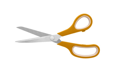 A pair of Orange handled scissors in half-open position on a white background, displaying stainless...