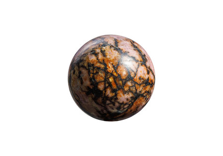 A polished black rhodonite sphere on a white isolated background, featuring subtle pink and black swirls with a glossy finish. Ideal for decor, healing, or mineral collections.の写真素材