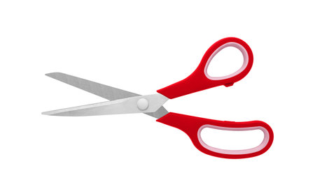 A pair of Red handled scissors in half-open position on a white background, displaying stainless steel blades and ergonomic handles. Suitable for precision cutting in office or craft, isolated image.の写真素材