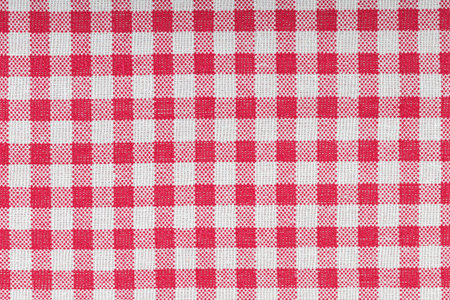 Red and white checkered, pattern, design, cotton fabric for sewing, texture background close-up