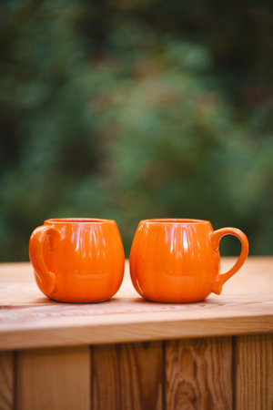 Farm-style autumn composition showing pumpkins and gourds in a wooden crate with two pumpkin-shaped mugs on a rustic tabletop. Great for holiday cards, menus, social media and product promotion.の写真素材