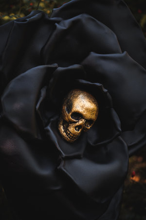 Close-up of a golden skull placed inside a black artificial flower. Dark gothic composition symbolizing mystery, death and luxury. Perfect for Halloween and conceptual art.の写真素材