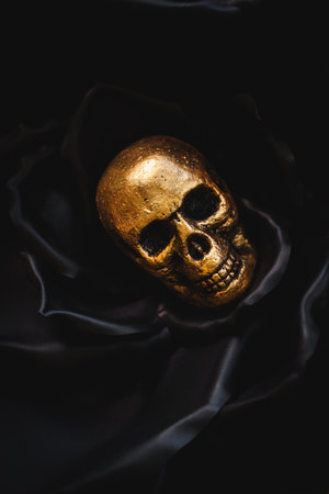 Close-up of a golden skull placed inside a black artificial flower. Dark gothic composition symbolizing mystery, death. Perfect for Halloween and conceptual art.の写真素材
