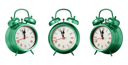 set collection retro clock, watch, pointer clock, Green color alarm clock on isolated white...