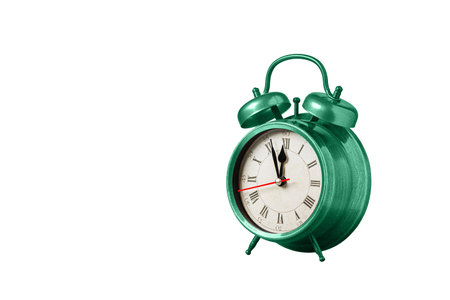 retro clock, watch, pointer clock, Green color alarm clock on isolated white background close up