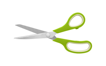 A pair of Green handled scissors in half-open position on a white background, displaying stainless...