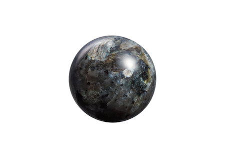 A shiny black larvikite ball on a white isolated background, highlighted by delicate blue flecks and...