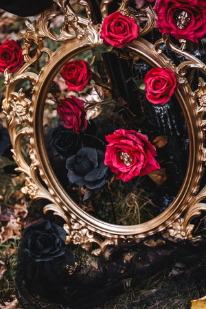 Artistic still life of gothic Halloween decor - black fabric, skulls, red roses and antique props arranged on a moody table in the forest. Atmospheric and cinematic for fine art or editorial use.の写真素材