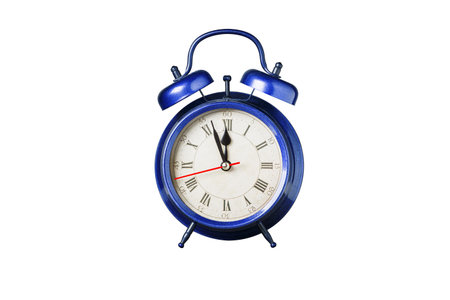 retro clock, pointer clock, blue color alarm clock on isolated white background close up