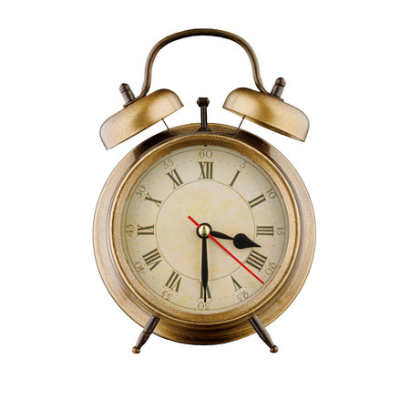 alarm clock, vintage clock with time 03 hours 30 minutes, am 03:30, pm 03:30, on isolated white...