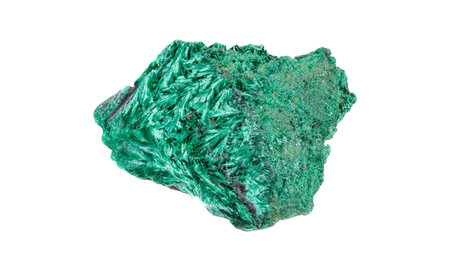 Natural malachite stone with distinctive green copper ore patterns displaying geological mineral structure and raw crystalline matrix formation on isolated backdropの写真素材